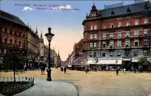 Ak Budapest Ungarn, Barossplatz, Rakoczistraße, Platz, Laterne, Passanten
