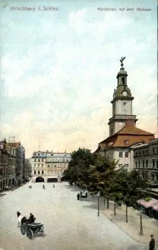 Ak Jelenia Góra Hirschberg Riesengebirge Schlesien, Marktplatz, Rathaus