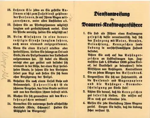 Klapp Ak Dienstanweisung für Brauerei-Kraftwagenführer