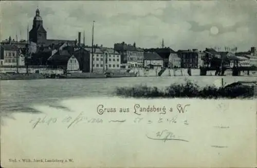 Mondschein Ak Gorzów Wielkopolski Landsberg an der Warthe Ostbrandenburg, Ortsansicht