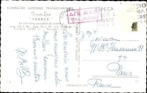 Ak Dampfer France, Compagnie Generale Transatlantique CGT, French Line