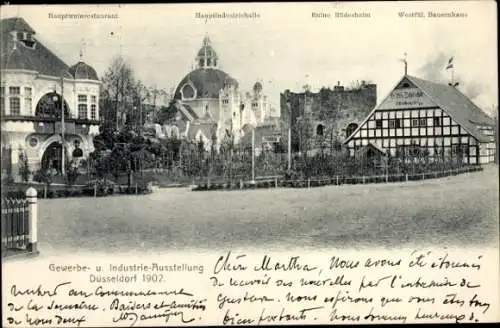 Ak Düsseldorf am Rhein, Industrie und Gewerbeausstellung 1902, Restaurant, Halle, Ruine, Bauernhaus