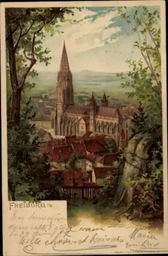Künstler Ak Freiburg im Breisgau, Teilansicht, Münster