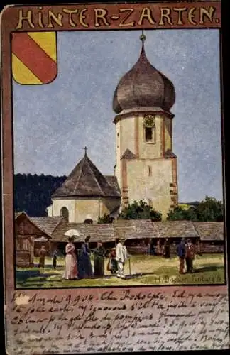 Künstler Litho Dischler, H., Hinterzarten im Südschwarzwald, Kirche, Marktbuden, Wappen