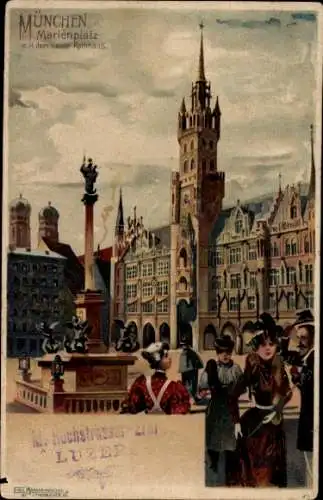 Litho München Bayern, Marienplatz mit dem neuen Rathaus, Damen