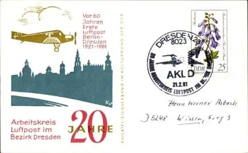 Ak Dresden, Arbeitskreis Luftpost im Bezirk Dresden, 20 Jahre, erste Luftpost Berlin Dresden 1921