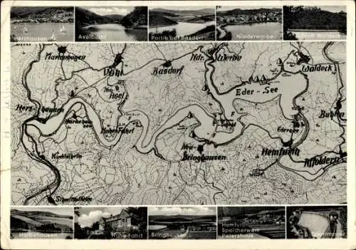 Ak Basdorf Vöhl am Edersee Hessen, Landkarte, Herzhausen, Aselbucht, Niederwerbe, Sperrmauer