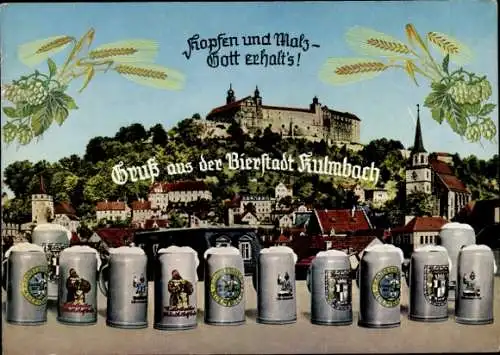 Ak Kulmbach in Oberfranken, Burg, Bierkrüge, Hopfen und Malz, Gott erhalts