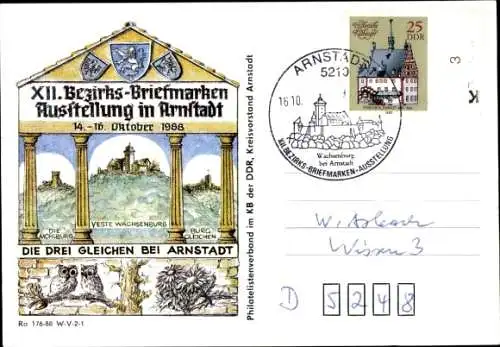 Ak Arnstadt in Thüringen, Stempel, XII. Bezirks-Briefmarken Ausstellung Arnstadt, Drei Gleichen