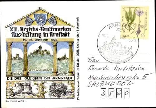 Ak Arnstadt in Thüringen, Stempel, XII. Bezirks-Briefmarken Ausstellung Arnstadt, Drei Gleichen