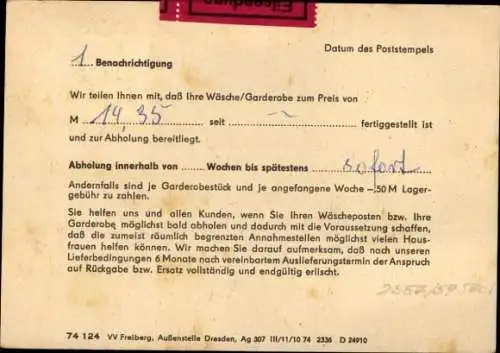 Ak Hildburghausen in Thüringen, VEB Textilreinigung, Wäscheabholkarte