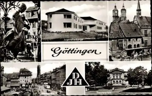 Ak Göttingen in Niedersachsen, Jugendherberge, Rathaus, Theaterplatz, Marktplatz, Gänselieselbrunnen