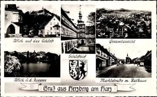 Ak Herzberg am Harz in Niedersachsen, Wappen, Stadtansichten, Schlosshof, Marktstraße