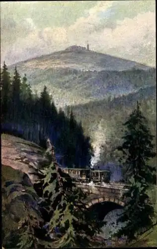 Künstler Ak Schierke Wernigerode im Harz, Panorama, Eisenbahn, Brocken