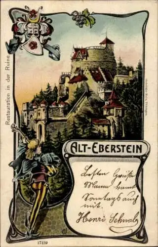 Ak Baden Baden am Schwarzwald, Burgruine Alt-Eberstein, Wappen, Sänger mit Laute