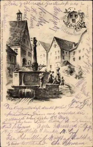 Ak Schiltach im Schwarzwald, Brunnen, Wappen