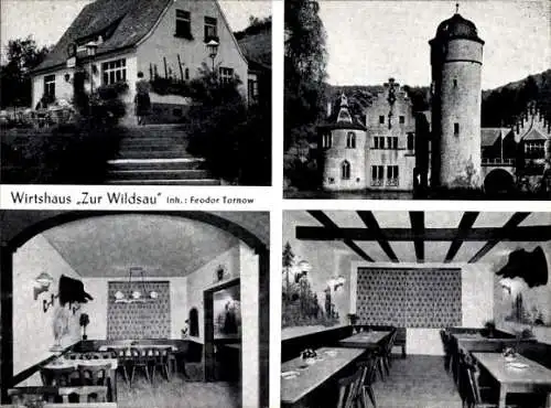 Ak Mespelbrunn in Unterfranken, Wirtshaus zur Wildsau, Inh. F. Tornow, Turm