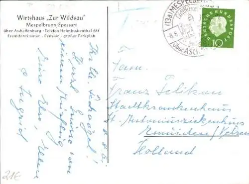 Ak Mespelbrunn in Unterfranken, Wirtshaus zur Wildsau, Inh. F. Tornow, Turm