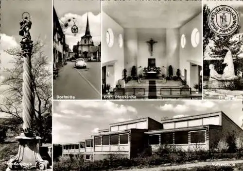 Ak Poppenhausen in Unterfranken, Dorfmitte, katholische Pfarrkirche, Ehrenmal, Volksschule