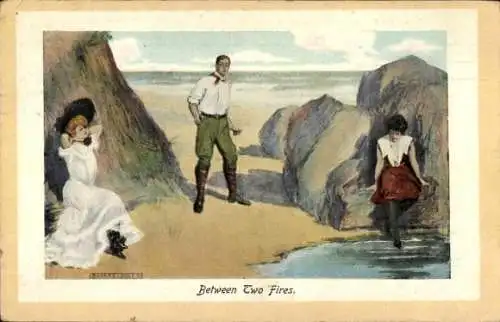 Künstler Ak Bayard Jones, Between two fires