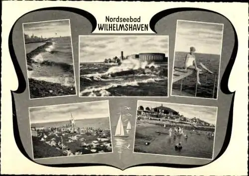Ak Wilhelmshaven an der Nordsee, Strandhalle bei Sturmflut, Südstrand, Strandleben, Segelboote