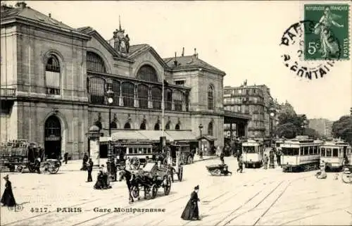 Ak Paris XV Gare Montparnasse, Straßenszene, Kutschen, Straßenbahnen