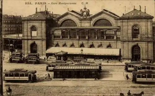 Ak Paris XV Vaugirard, La Gare Montparnasse, Straßenbahn