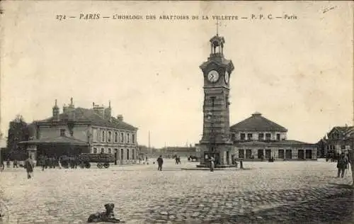 Ak Paris XIX. La Villette, Die Schlachthöfe von La Villette, Uhr