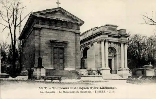 Ak Paris, Friedhof Père Lachaise, historische Gräber, die Kapelle, das Denkmal der Erinnerung