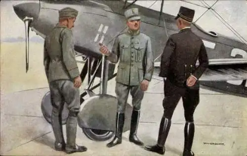 Künstler Ak van Oorschot, Niederländische Militärflugzeug, Soldaten in Uniform