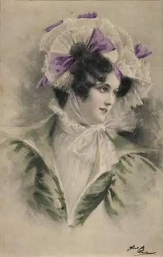 Künstler Litho Portrait einer jungen Frau, Kopfschmuck, Munk