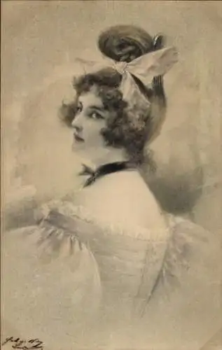 Künstler Litho Portrait einer Frau im lila Kleid, Haarschleife, Rückenansicht, Munk