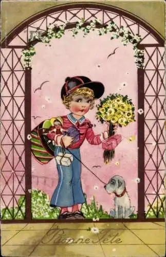 Ak Glückwunsch, Gratulant, Geschenke, Blumenstrauß, Hund