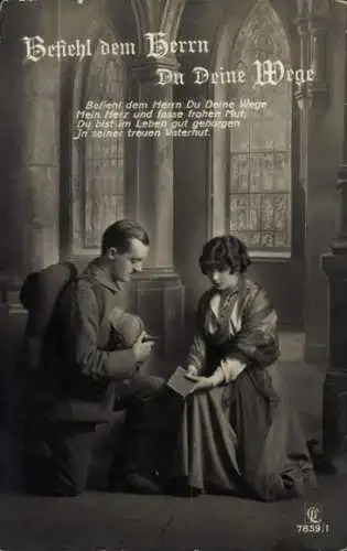 Ak Soldat und seine Frau beim Beten, Befiehl dem Herrn du deine Wege