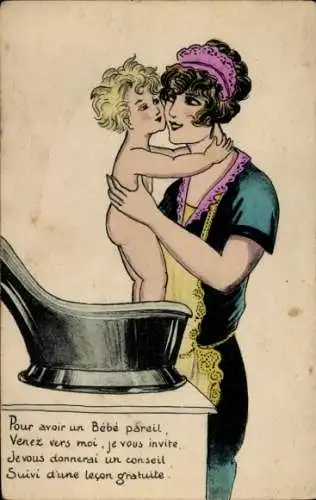 Ak Frau wäscht ihr Kind, Mutter, Baby