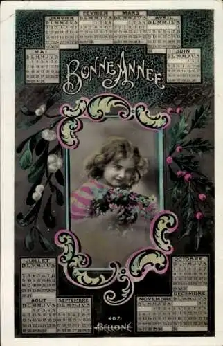 Ak Glückwunsch Neujahr, Mädchen-Portrait, Mistelzweige, Kalender