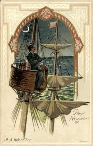 Präge Litho Glückwunsch Neujahr, Deutscher Marinesoldat, Schiff, Mond