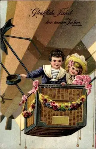 Präge Ak Glückwunsch Neujahr, Kinder, Luftschiff, Zeppelin