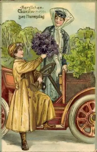 Präge Ak Glückwunsch Namenstag, Automobil, Blumen, Autofahrt