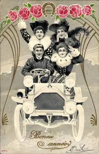 Ak Glückwunsch Neujahr, Automobil, drei Damen, Fahrer, Hufeisen, Rosen