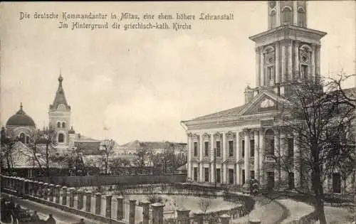 Ak Jelgava Mitau Lettland, Deutsche Kommandantur, Ehemalige höhere Lehranstalt, Kirche