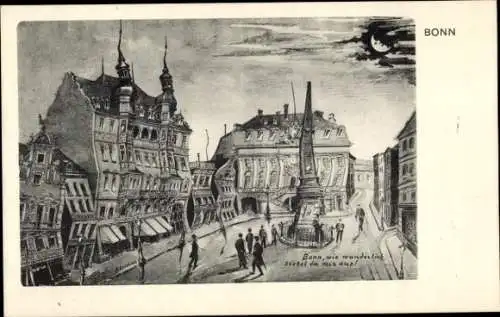 Künstler Ak Bonn am Rhein, Marktplatz, Altes Rathaus, Denkmal, Mond, Betrunkene