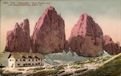 Ak Toblach Dobbiaco Südtirol, Tre Cime di Lavaredo, Drei Zinnen und Dreizinnerhütte