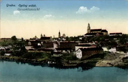 Ak Grodno Hrodna Weißrussland, Panorama mit Kirche