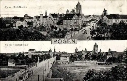 Ak Poznań Posen, An der Schlossbrücke, An der Theaterbrücke, Straßenbahn, Eisenbahn