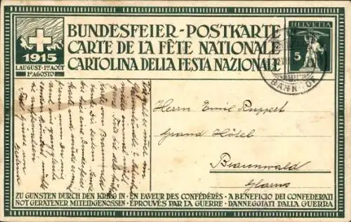 Ganzsachen Ak Schweiz, Bundesfeier 1915, Wir wollen sein ein einzig Volk
