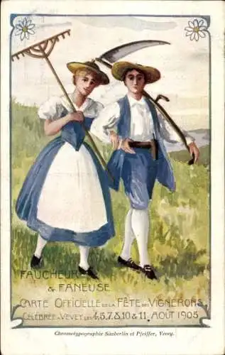 Ak Kanton Waadt Schweiz, Faucheur & Faneuse, Fete des Vignerons 1905