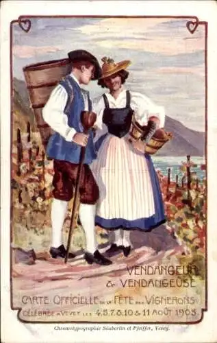 Passepartout Ak Kanton Waadt Schweiz, Vendangeur & Vendangeuse, Fete des Vignerons 1905