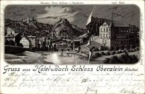 Mondschein Litho Oberstein an der Nahe, Hotel-Bach, Neues Schloss