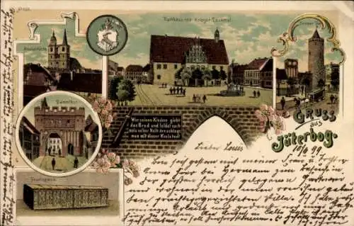 Litho Jüterbog in Brandenburg, Rathaus, Zinnaer Tor, Dammtor, Tetzelkasten